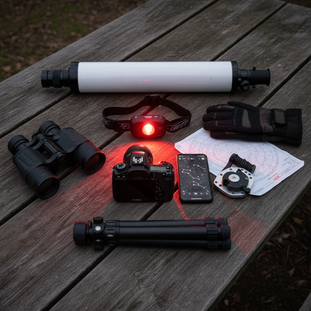 Flat lay of essential stargazing gear under dim red light: a red-filter headlamp, 7×50 binoculars, a portable Newtonian telescope tube, DSLR on a tripod with a wide-angle lens, a smartphone displaying a star-map app, a star tracker mount, a printed star chart, and insulated cold-weather gloves