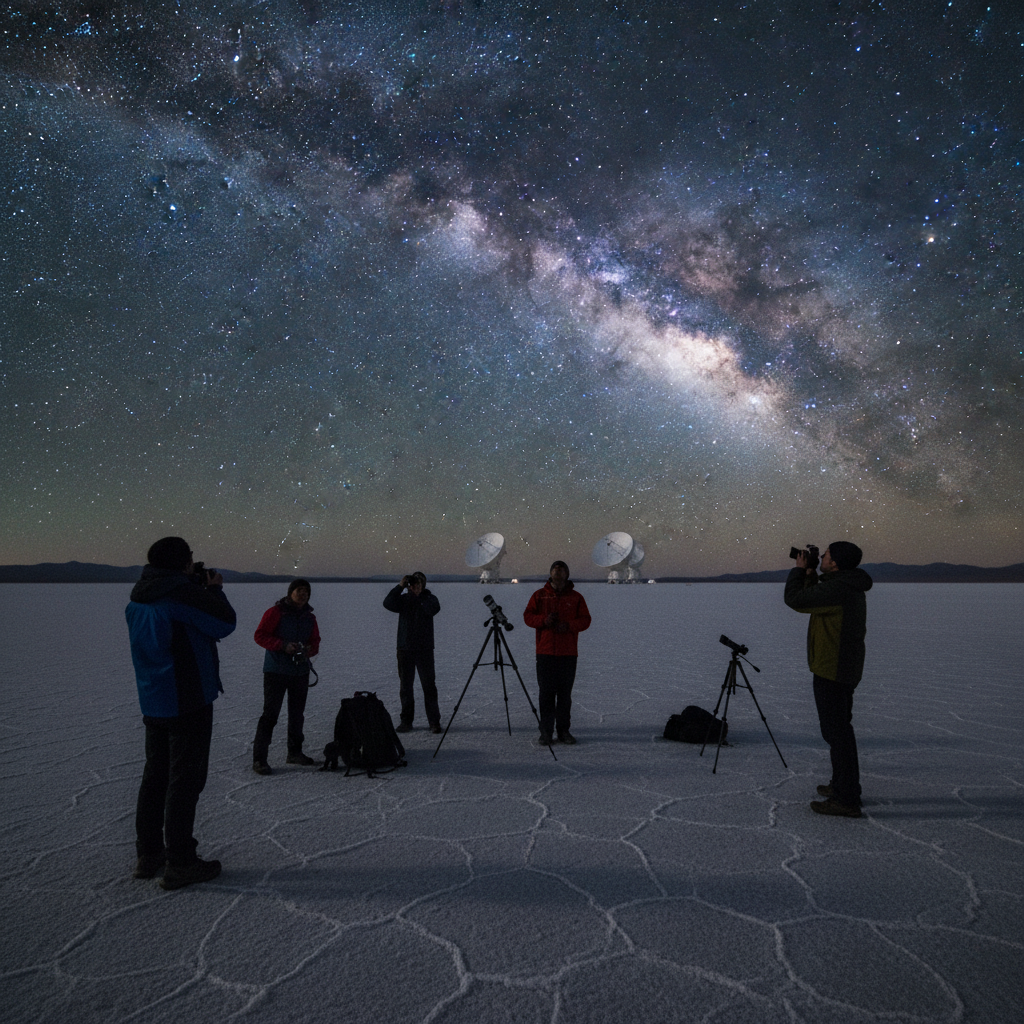High-altitude Atacama Desert nightscape: a group of amateur astronomers on the salt flats at 2,400 m, silhouetted against the clear desert horizon with the ALMA radio telescope dishes in the distance, all beneath a brilliant arch of the Milky Way