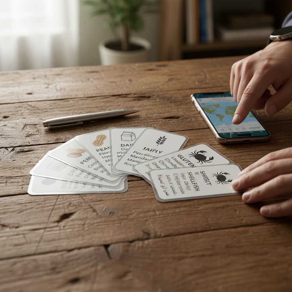 A set of laminated allergy translation cards printed on waterproof cardstock, each card listing common allergens in multiple languages with simple icons, neatly fanned out on a rustic wooden table with a pen and smartphone beside them