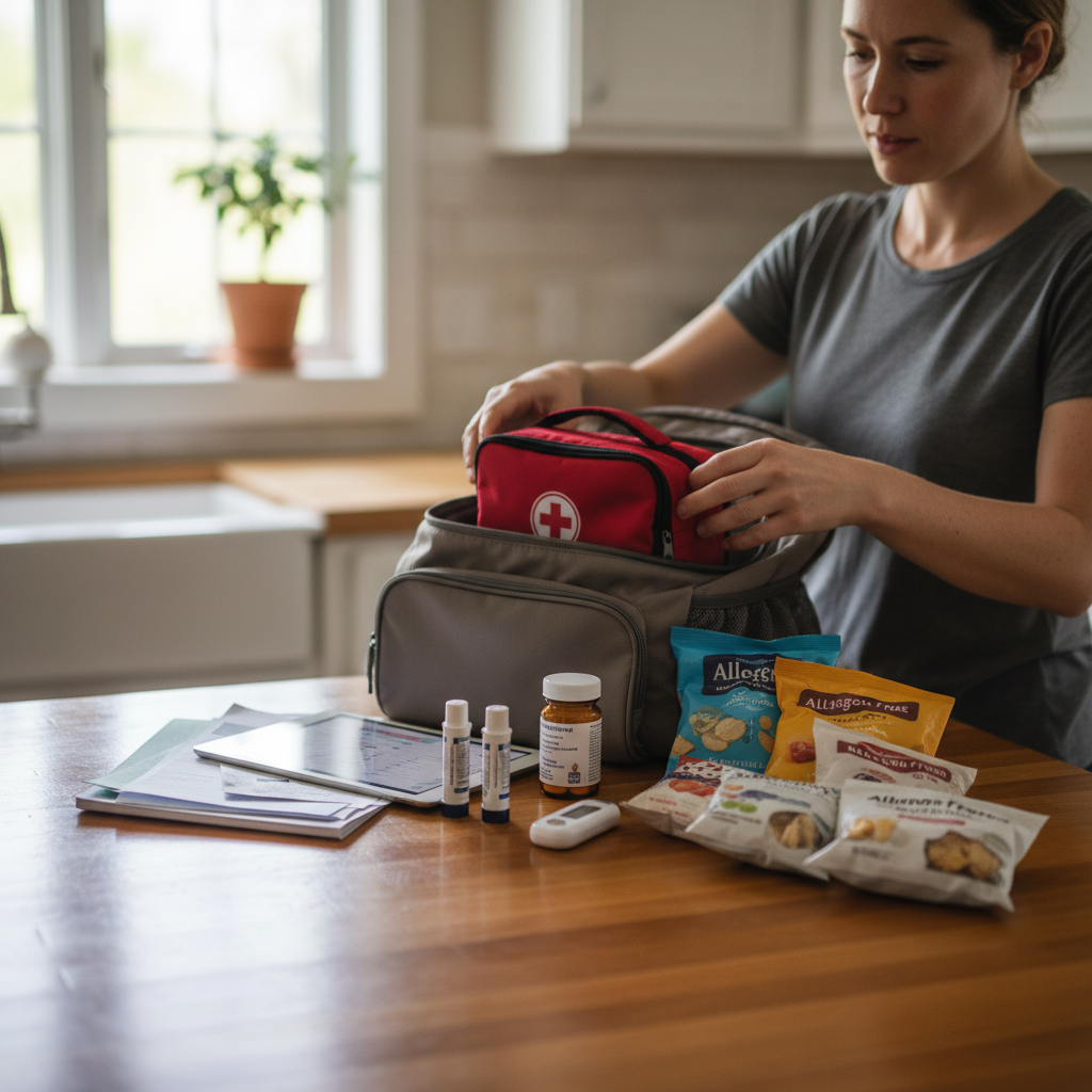 An organized travel emergency kit laid out on a countertop: two epinephrine auto-injectors, antihistamine tablets, digital and printed medical documents, a compact food thermometer, portable allergen-free snacks, and a small insulated cooler bag