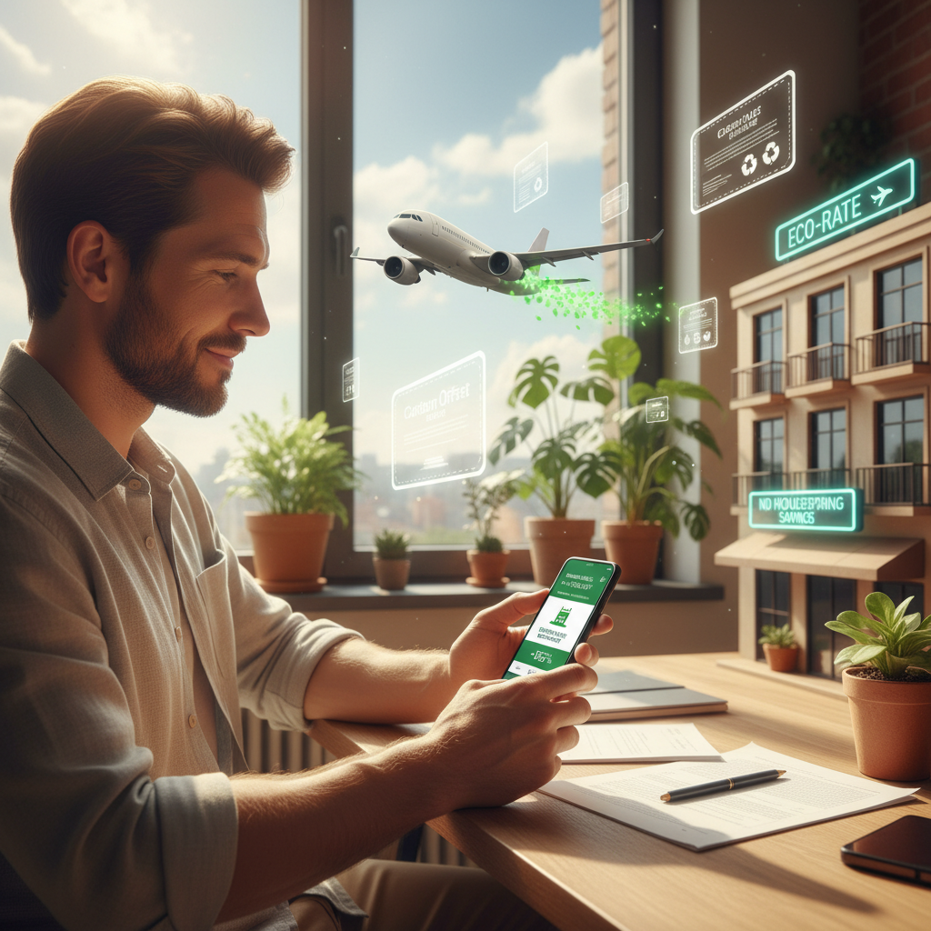 A vibrant scene blending sustainable travel elements—a jetliner trailing green leaves, carbon-offset certificates and icons floating nearby, a hotel façade displaying a “no housekeeping” eco-rate sign, and a traveler checking a smartphone app that shows bonus miles for Sustainable Aviation Fuel and green-rate discounts.