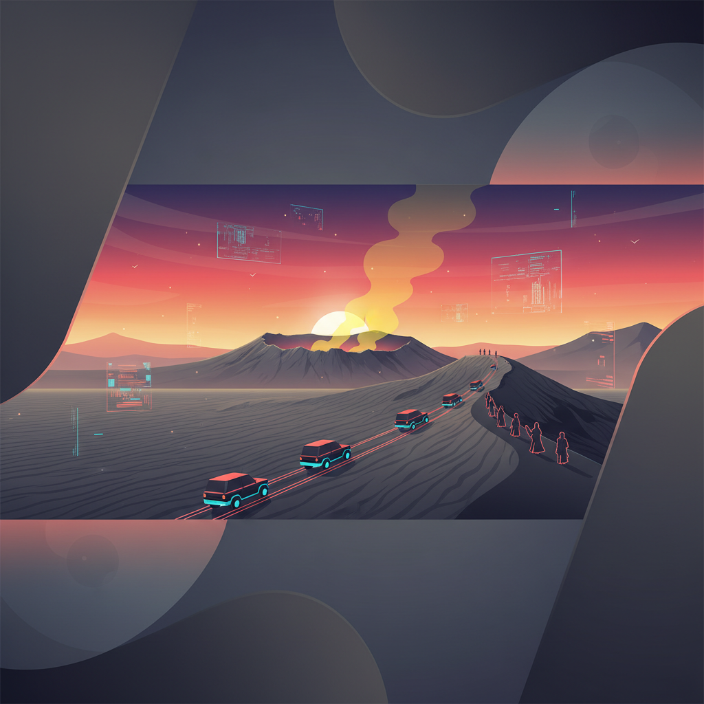 Sunrise panorama at Mount Bromo’s lunar caldera: a convoy of off-road jeeps crossing a vast gray sea of volcanic sand, visitors’ silhouettes on the steep footpath up to the crater rim, with wisps of yellow sulfur smoke drifting into a fiery dawn sky.