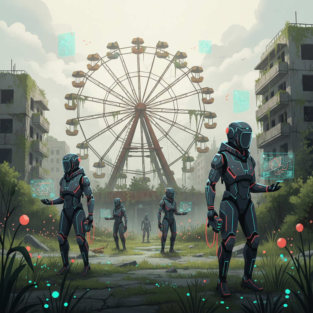 Chernobyl Exclusion Zone exploration: visitors in protective gear and dosimeters wandering through the overgrown ruins of Pripyat, with a rusted ferris wheel, crumbling Soviet apartment blocks, and wild grass reclaiming the abandoned streets under a pale, misty sky.