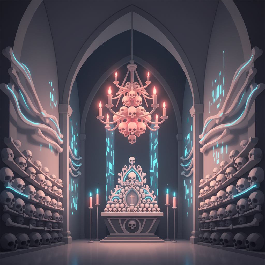 Sedlec Ossuary interior (Bone Church): a dimly lit Gothic chapel where human skeletons are artfully arranged into chandeliers, wall decorations, and an ornate bone altar, flickering candlelight casting shadows on the stacks of skulls and bones lining the walls.