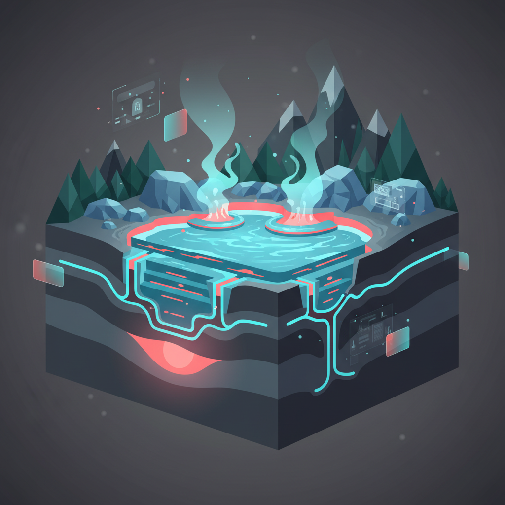 Cutaway diagram of a geothermal hot spring: show groundwater seeping through fault lines into the Earth’s crust, heating above a glowing magma chamber, dissolving minerals, then resurfacing as a steam-laced, mineral-rich pool set against a backdrop of jagged peaks, lush forest, and silica-blue volcanic rock.