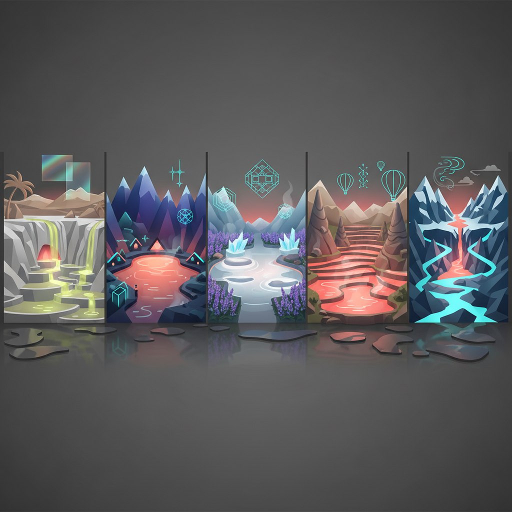 Vibrant travel collage of off-the-radar hot springs: include cascading sulphur-tinted tubs under white shale cliffs in Death Valley, an evening-lit mountain lagoon in the Tyrolean Alps, silicate-rich pools among Iceland’s lupine fields, sandstone terrace springs by Cappadocia’s fairy chimneys, and turquoise rivulets feeding crevices at 8,000 ft in the Kyrgyz mountains.