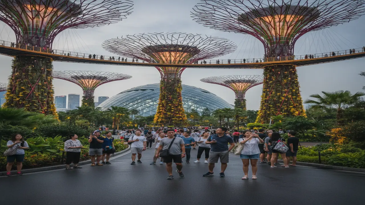 Gardens by the Bay futuristic landscape: towering 25–50 m Supertrees glowing in synchronized light and sound at dusk, the glass-domed Cloud Forest conservatory lush with tropical plants, and the elevated OCBC Skyway winding through the canopy