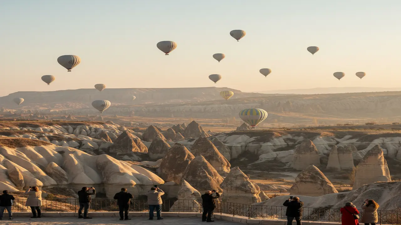 Hot-air balloons drifting at sunrise over Cappadocia’s volcanic fairy chimneys and winding valley terrain, with soft golden light illuminating the tuff formations