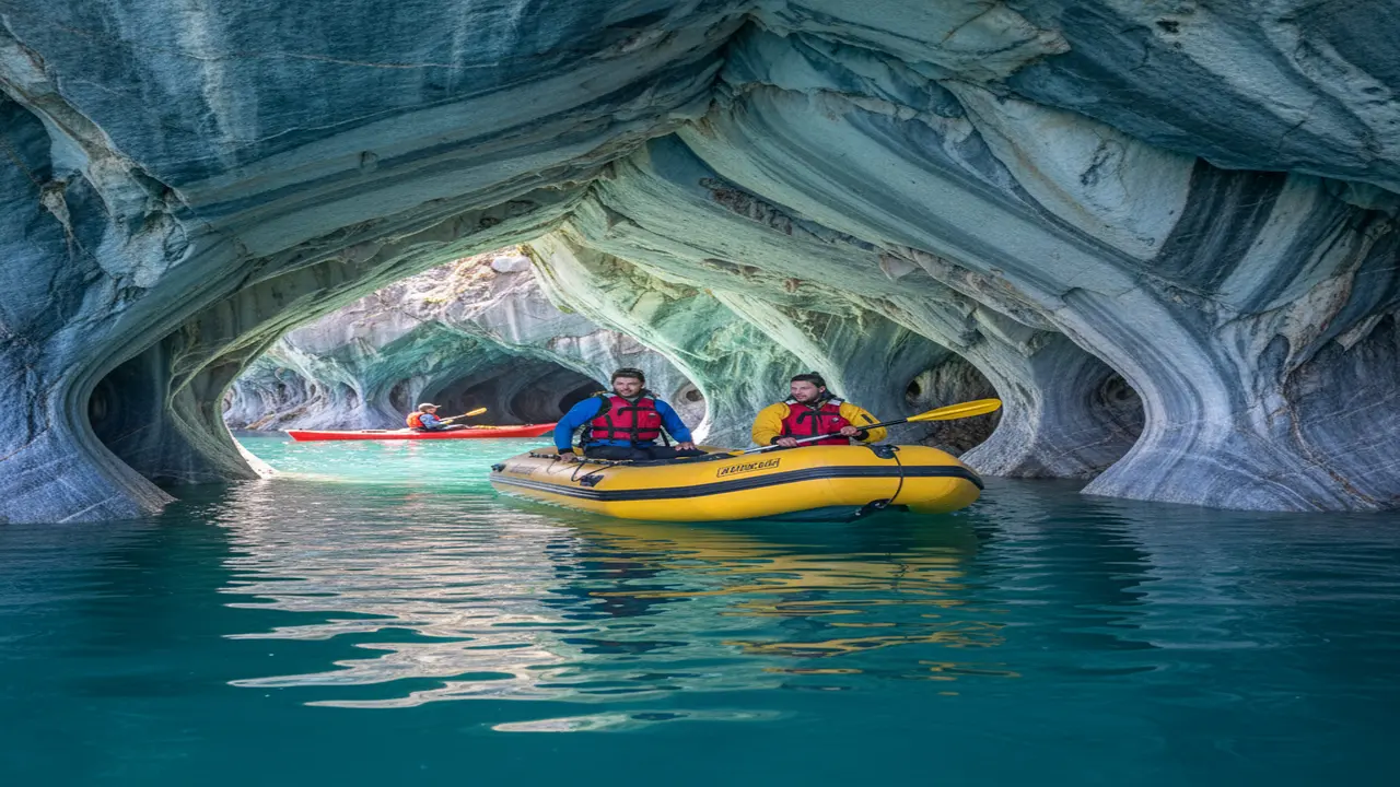 Crystal-blue marble caves on Chile’s General Carrera Lake, sunlight filtering through swirling marble walls onto reflective water as a zodiac or kayak drifts through the shimmering tunnels