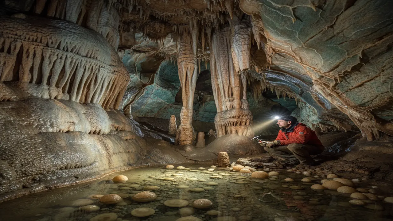 A vast underground chamber showcasing geological marvels such as towering stalactites and stalagmites converging into dramatic columns, intricate flowstones, and scattered cave pearls, all softly illuminated by a caver’s headlamp glow.