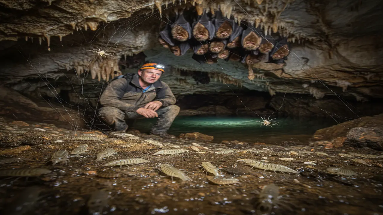 A shadowy cave ecosystem teeming with life: blind shrimp and isopods scuttling across damp rock floors, delicate cave spiders dangling from web strands, and a cluster of bats roosting in a high stalactite-adorned chamber.