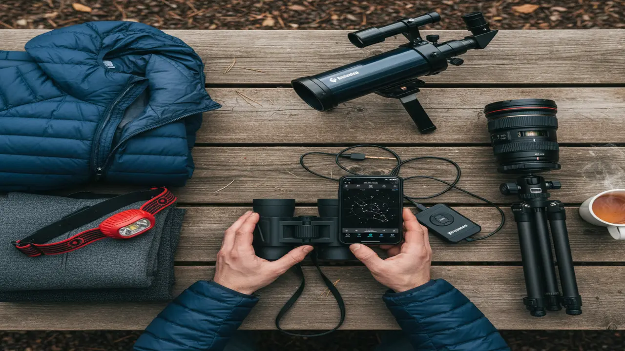 Flat-lay arrangement of essential dark-sky travel gear