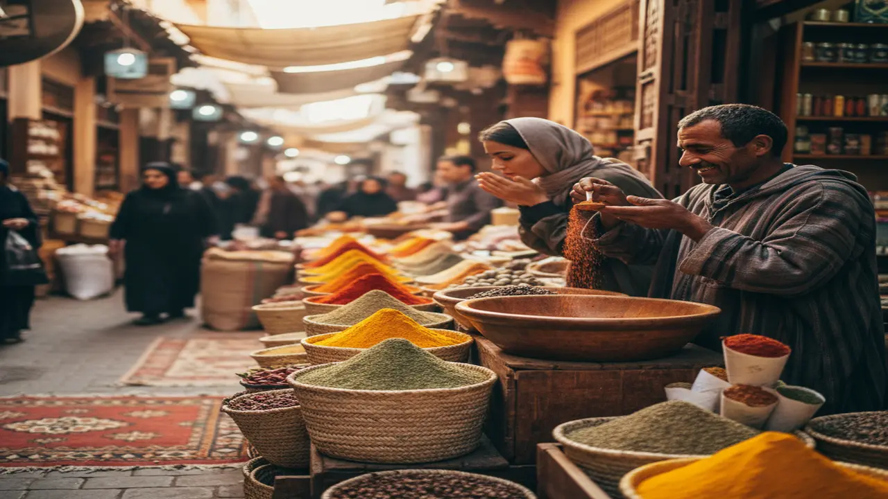 A bustling Marrakech spice market: wooden barrels and woven baskets heaped with vibrant mounds of cumin, paprika, saffron, and coriander