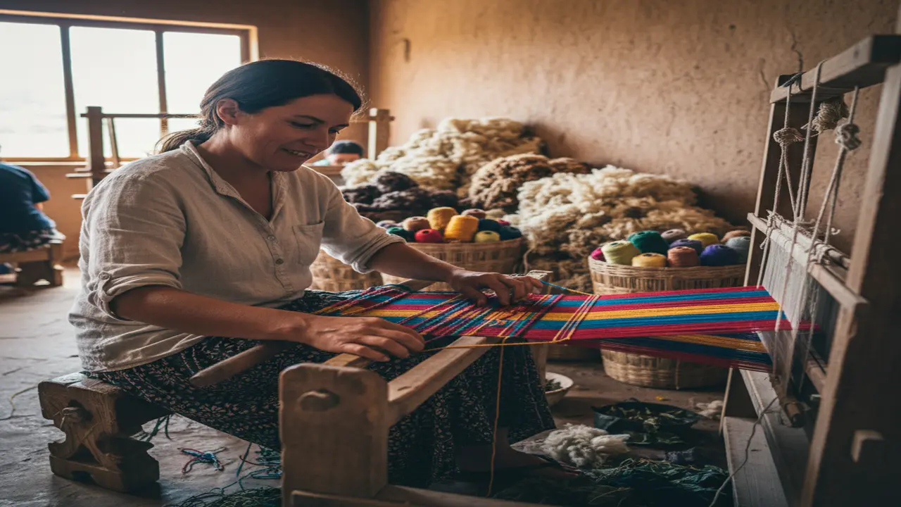 A hands-on weaving workshop in Oaxaca: a traveler seated at a traditional wooden loom, fingers threading bright yarns into geometric patterns; piles of raw wool, spools of colorful thread, and rustic earthen walls in the background