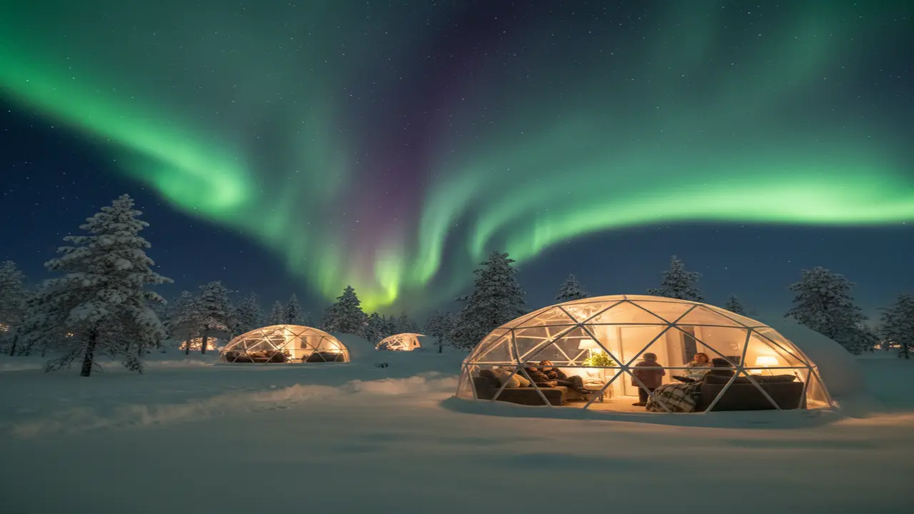 A serene nighttime scene of glass-igloo resorts in Arctic Lapland: infrared-coated domes nestled in snow, their panoramic ceilings framing a vivid display of green and purple northern lights, with pine trees and gently glowing interior lights in the wintry wilderness.