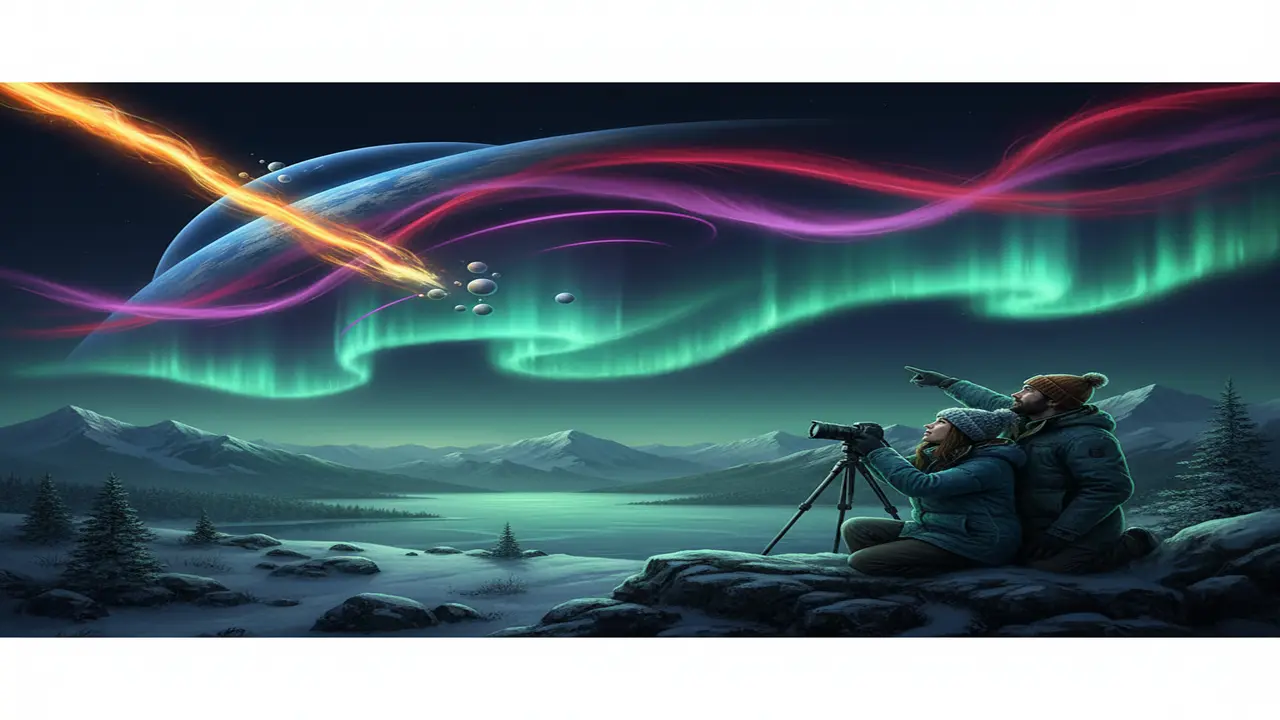 A cutaway illustration of the Aurora Borealis phenomenon: solar wind’s charged particles streaming toward Earth, interacting with the magnetosphere and colliding with oxygen and nitrogen atoms at different altitudes—emitting rippling green veils, magenta arcs, and crimson ribbons across a polar night sky.