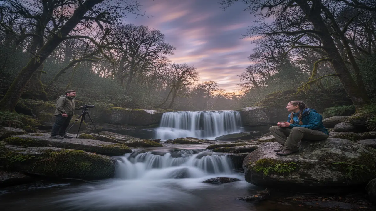 Creating Motion with Long Exposures: A misty forest waterfall cascading over mossy boulders at dusk, with silky-smooth water and streaked clouds captured using a long shutter speed on a tripod, emphasizing the contrast between static rocks and dynamic motion
