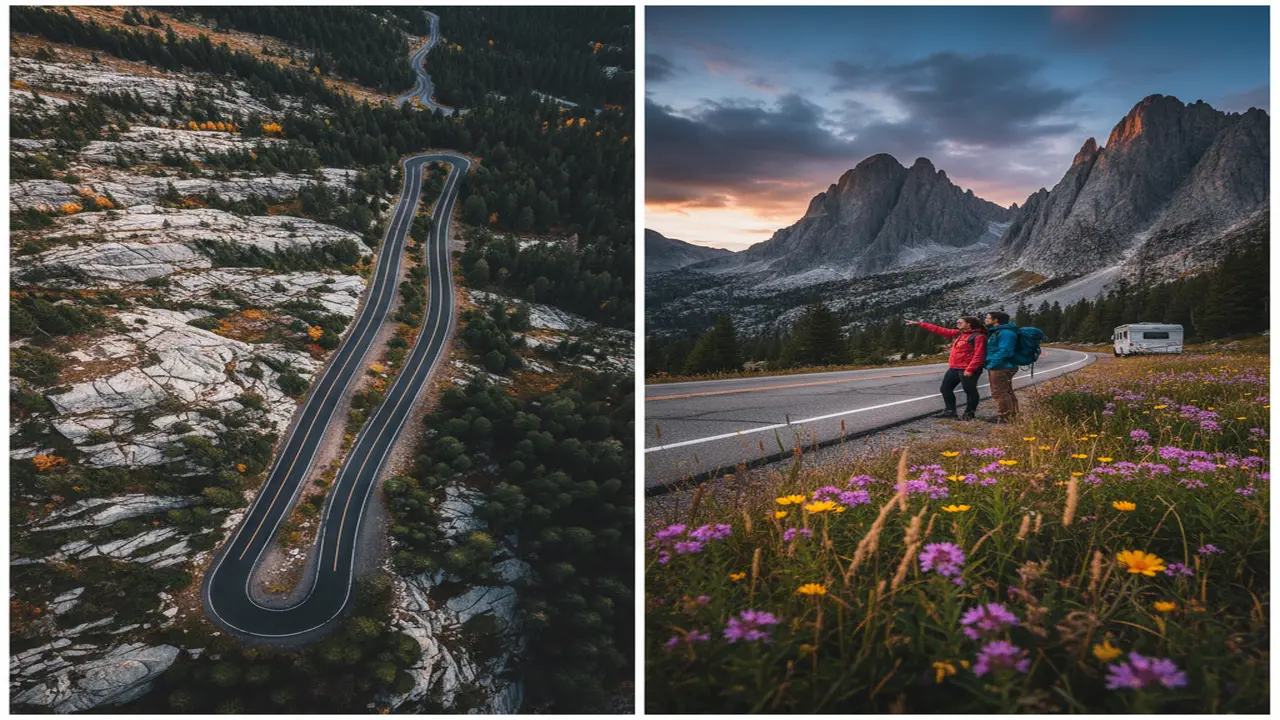 Experimenting with Perspectives: A bird’s-eye drone view of a winding mountain road snaking through rugged terrain, contrasted with a low-angle ground shot framing the highway against towering peaks and wildflowers in the foreground under dramatic skies,
