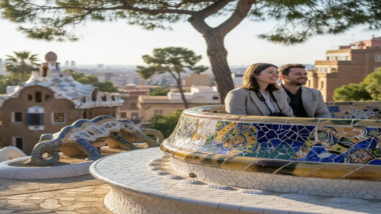 Park Güell’s vibrant mosaic architecture: the undulating serpentine bench covered in colorful ceramic tiles, the iconic multicolored salamander sculpture at the Dragon Stairway, framed by native pines and gentle morning light