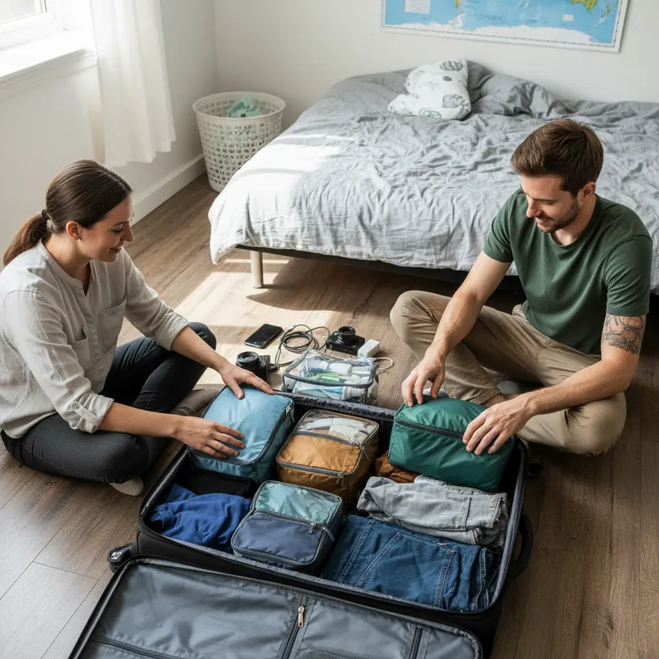 Couple collaboratively packing for their trip: an overhead view of two people organizing color-coordinated clothing in packing cubes, sharing toiletries and electronics neatly arranged in a suitcase