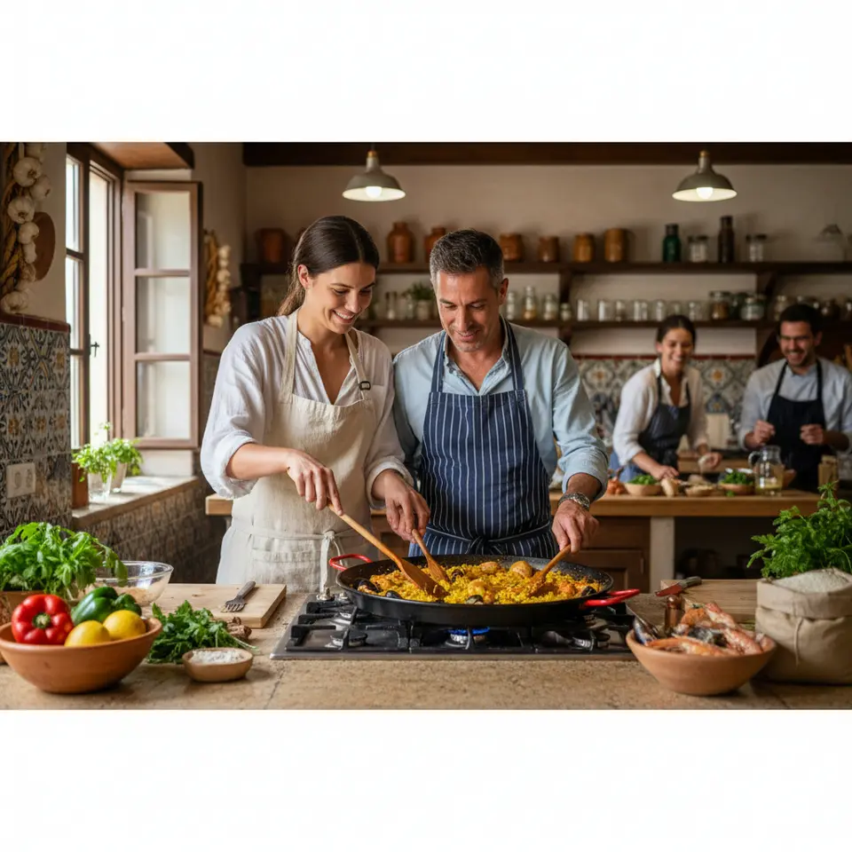 Couple cooking a regional specialty together: hands-on cooking class scene with partners learning to make paella (or sushi) in a bright, authentic kitchen setting, surrounded by fresh ingredients and local décor