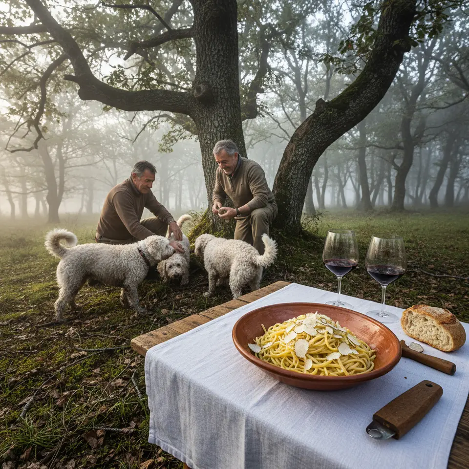 Italy’s Truffle Road: a misty Piedmont oak forest at dawn with expert hunters and their dogs digging up prized white truffles, alongside a rustic trattoria table set with tagliolini tossed in butter, shaved truffle ribbons and glasses of Barolo wine