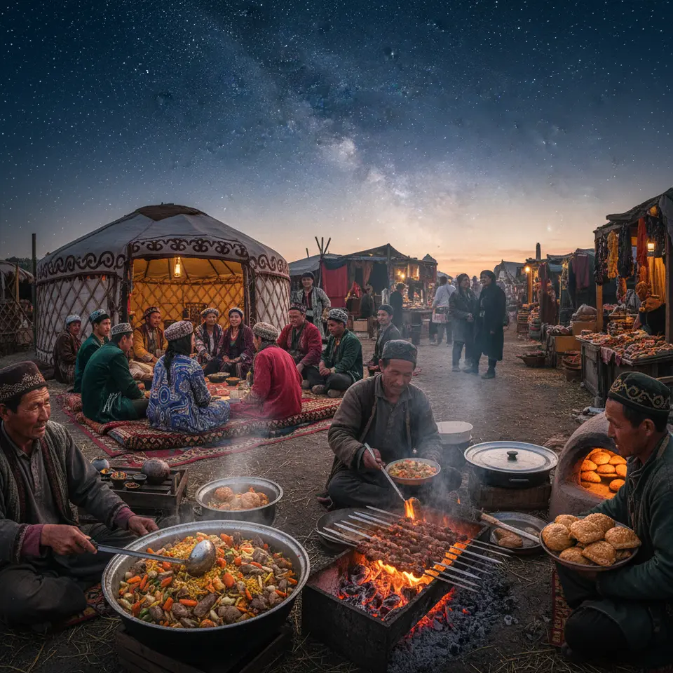 Silk Road Culinary Heritage: a vibrant Central Asian bazaar scene with merchants serving steaming bowls of plov fragrant with lamb and spices, shashlik kebabs sizzling over open coals, flaky samsa pastries from a clay oven, and a group of travelers gathered around a yurt beneath a star-filled sky