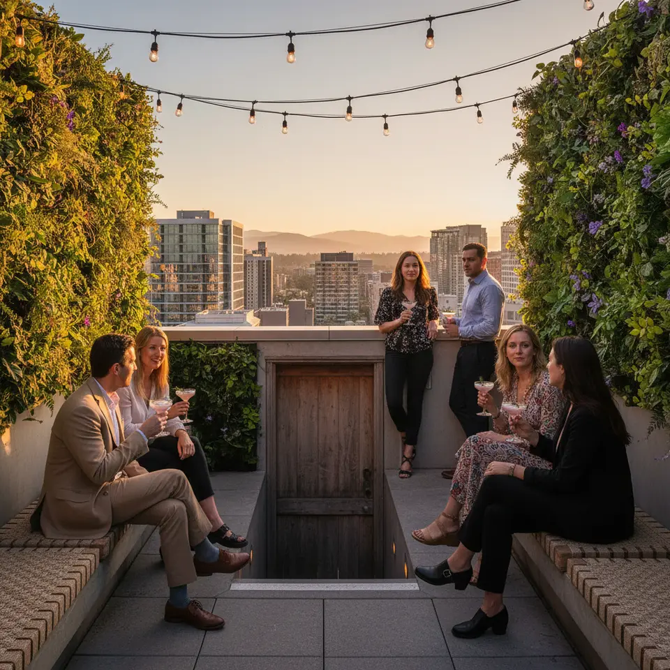 A hidden rooftop terrace at sunset, reached via a discreet stairwell and unmarked door, featuring lush vertical gardens, Edison bulb string lights overhead, minimalist concrete seating, and guests sipping lavender-infused cocktails against a panoramic city skyline.