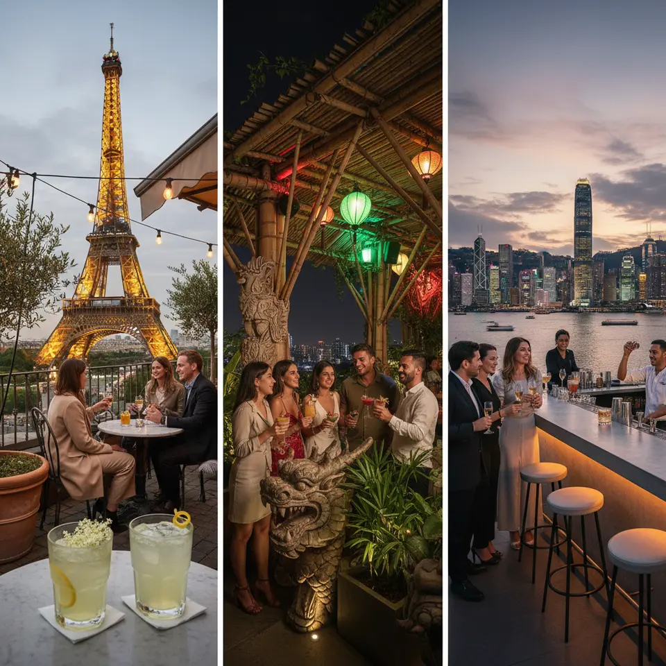 A montage of secret rooftop bars around the world: Paris’s terrace with the Eiffel Tower aglow and elderflower-garnished drinks; Bangkok’s jungle-inspired rooftop framed by bamboo and dragon carvings; and a Hong Kong penthouse bar overlooking Victoria Harbour at dusk.