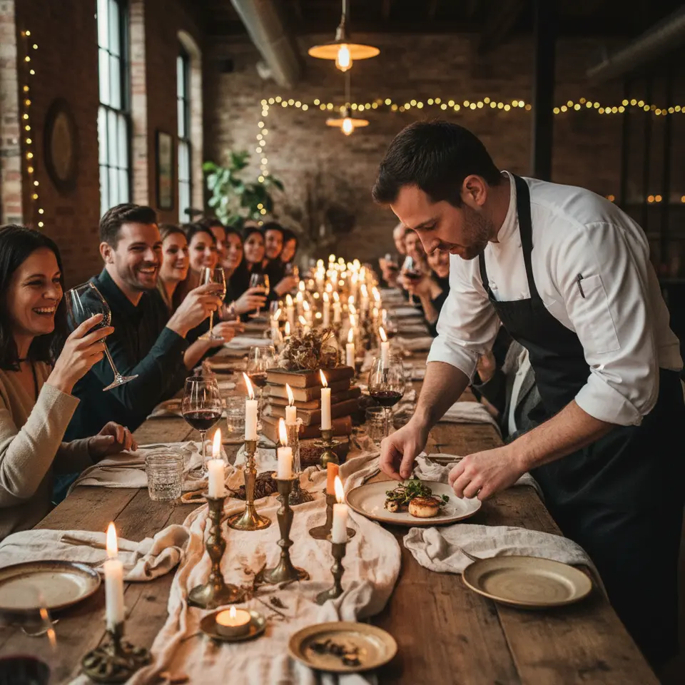 A dimly lit, multisensory secret supper club set in a converted loft or historic warehouse: a long communal table draped in linen, flickering candles, curated décor and ambient lighting, a chef in mid-plate arranging an artful multi-course tasting menu while guests lean in, glass of wine in hand, engaging in lively conversation.