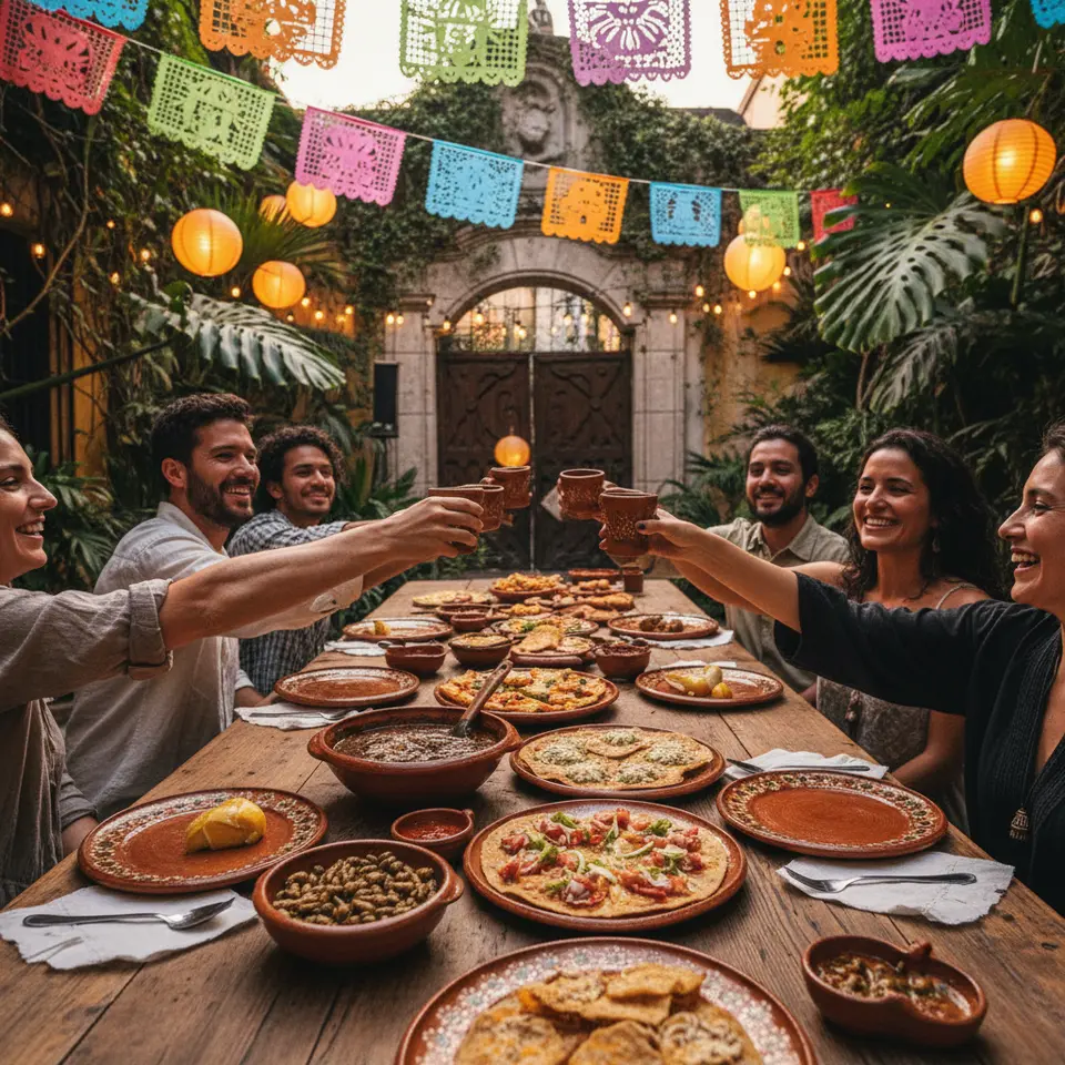 A hidden courtyard feast in Mexico City for an underground dining club: colorful papel picado banners overhead, rustic wooden table laden with mole poblano, tlayudas, and chapulines on handmade earthenware plates, artisanal mezcal glasses, lush foliage framing a colonial-style archway, and diners cheering with raised glasses under warm lantern light.