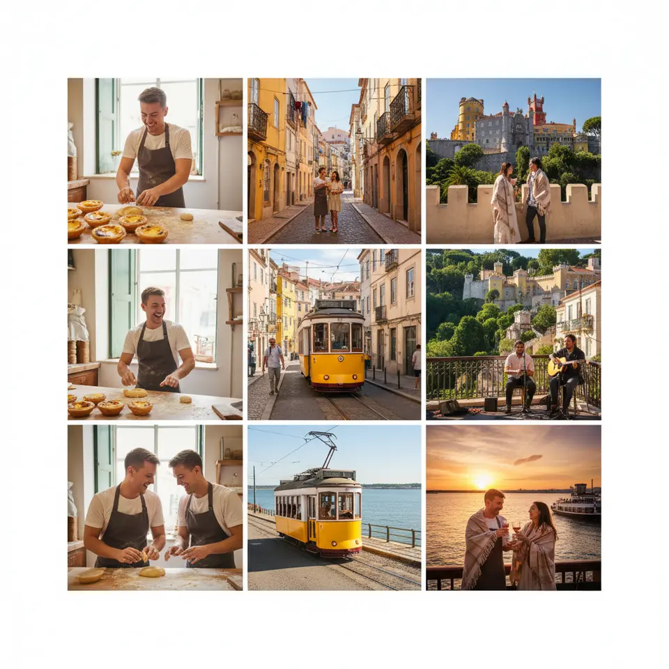 A vibrant collage depicting the Lisbon weekend case study: a foodie couple learning to make pastéis de nata in a sunlit workshop, exploring narrow, colorful Alfama streets, riding a historic yellow tram along the Tagus River, visiting the fairytale-like Pena Palace in Sintra, and enjoying a sunset cruise with a live fado performance under warm evening light.