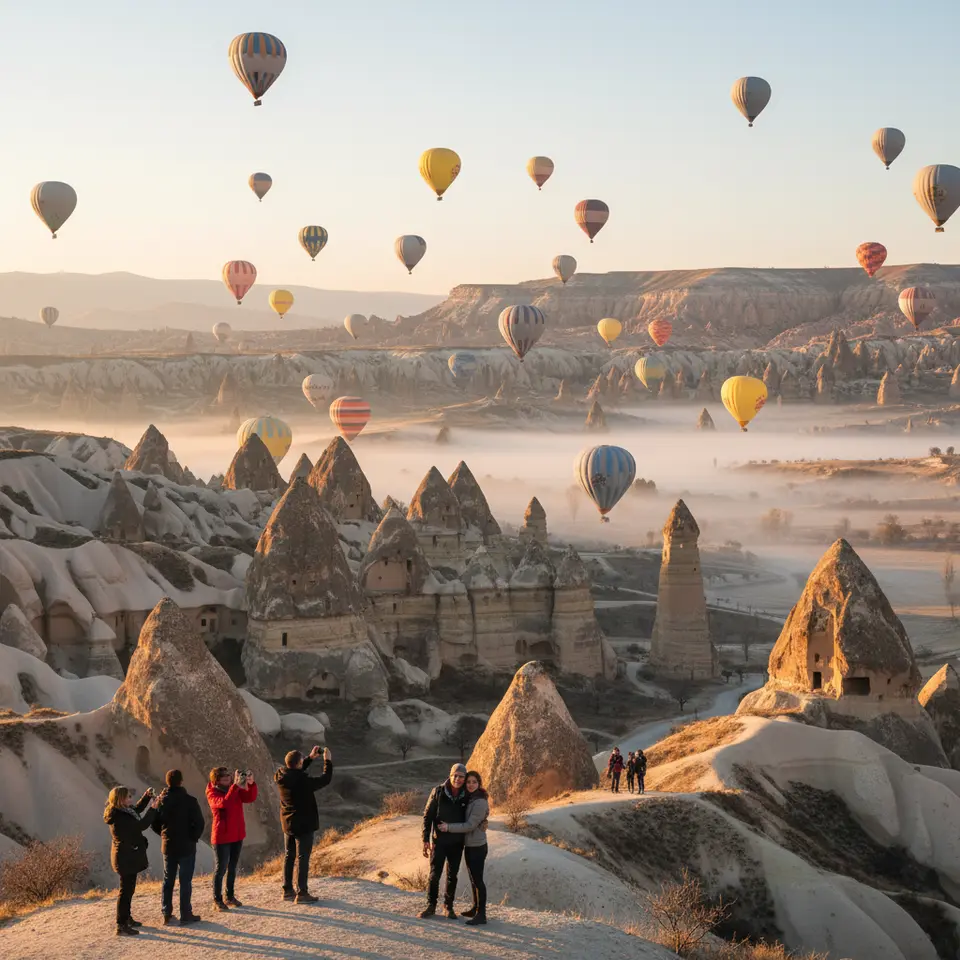 A sunrise panorama of dozens of colorful hot-air balloons drifting over Cappadocia’s lunar-like landscape, with fairy chimneys, cave dwellings and mist-filled valleys below