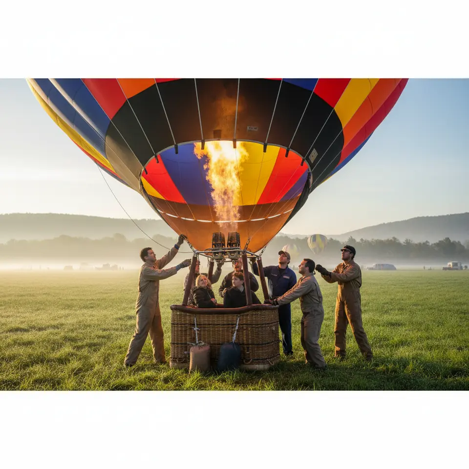 The pre-flight launch sequence on a dewy morning: ground crew holding open a vibrant envelope as a propane burner flame roars to life, wicker basket ready for liftoff