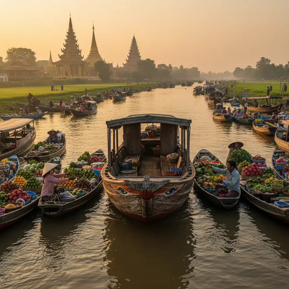 Mekong River sail: a traditional wooden riverboat gliding past floating markets piled with colorful fruits and vegetables, ornate riverside pagodas peeking through verdant rice paddies under a golden sunrise