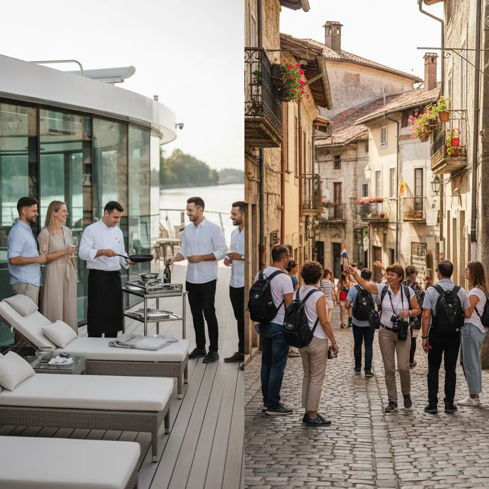 Onboard life and shore excursions: a panoramic river cruise deck with sun loungers and glass-walled lounge, guests watching a live cooking demonstration and wine tasting, contrasted with a guided walking tour of a cobblestone village street