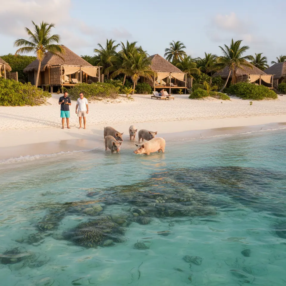 Caribbean’s Hidden Gems – The Exumas, Bahamas: A powder-white sand cay fringed by crystal-clear turquoise shallows where friendly swimming pigs wade at the shoreline, nearby coral gardens visible beneath gentle waves, and eco-resort villas nestle into lush dunes under swaying palms.