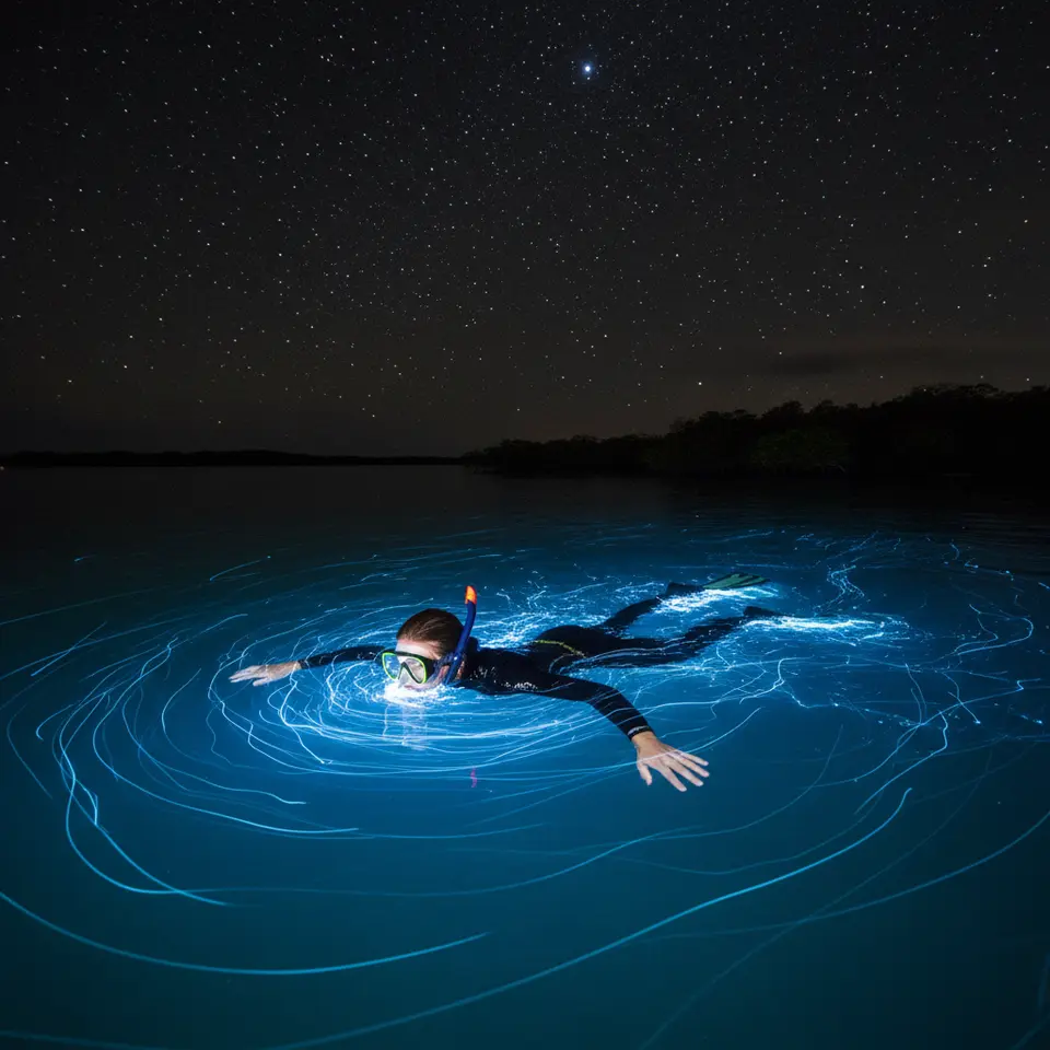 Night Snorkeling in Bioluminescent Bays: A lone snorkeler floating in pitch-black tropical waters alive with neon-blue plankton, each paddle stroke leaving glowing trails, framed by a star-filled sky overhead and silhouettes of mangroves lining the shore.